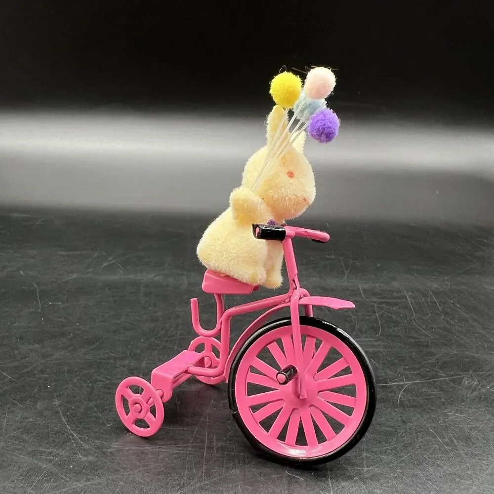 Flocked Bunny Riding Pink Bike with Balloons Ornament Metal Tricycle Rabbit
